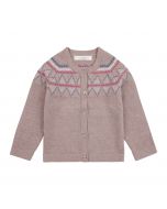 Organic Cardigan for Girls, Ova, Colour: rosewood with colourful jacquard pattern around the neckline
 
