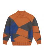 Cuddly kids sweater KURUK,orange with a graphic pattern in. Blue and anthracite
