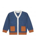 Children’s cardigan MOREL, blue with colour accents in natural white and orange on the cuffs and pockets

