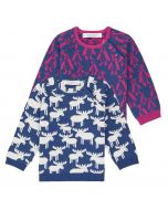 Baby Strickpullover VICTOR, Zwei Jacquards Varianten: Blau mit Rentieren in weiß  und Blau mit Pinguinen in pink  