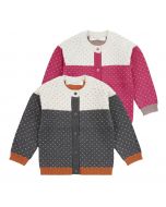 Warme Baby Strickjacke ERIN, Farben: pink gemustert oder anthrazit gemustert mit kleinen eingestrickten Pünktchen 