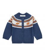 Baby cardigan MAXIM, Colour: blue with a round yoke in orange with reindeer 