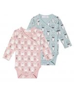 Fairtrade Cotton Long Sleeve Wrap Body, Ygon, Available in two colour-ways: pink with a snowy owl print or aqua witih a husky print

