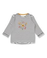 Baby Langarmshirt / Modell LEJA / Weiß-schwarz geringelt mit Blumen / Vorderansicht
