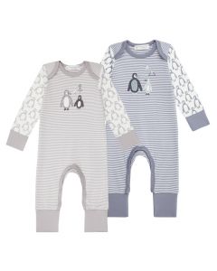 Wayan Baby Romper, Colours: stone blue or taupe, Striped with penguin print sleeves
