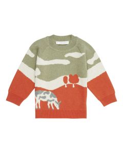Children's Knit Sweater / KURUK / landscape with cow / front part