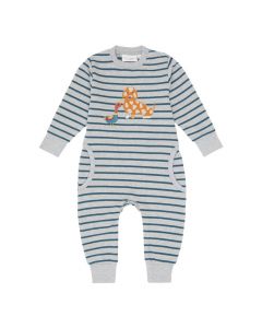Baby Jumpsuit / STRINDBERG / grey mélange-teal stripes + dog / front part