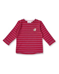 Baby Langarmshirt / Modell LEJA / Rot-himbeerfarbig geringelt mit Igel / Vorderansicht