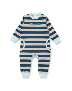 Baby jumpsuit / Model STRINDBERG / Sand-dark teal stripes with raccoon / Front part
