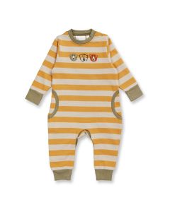 Baby sweat jumpsuit / Model STRINDBERG / Gold-sand stripes with bear / Front part
