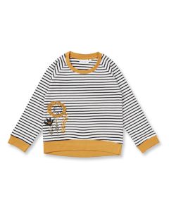 Mädchen Langarmshirt / Modell DENA / weiß-schwarz geringelt mit Blume / Vorderansicht