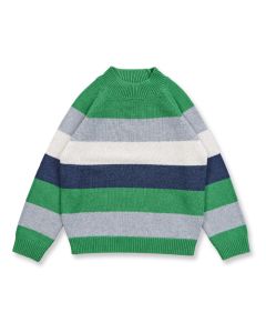 Children´s knitted sweater / Model EZRA / Green-grey-dark blue stripes / Front part
