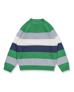 Kinder Strickpullover / Modell EZRA / Grün-grau-dunkelblau geringelt / Vorderansicht
