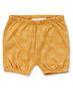 Baby Shorts, Model MAYA, Mustard with batik print, Front view