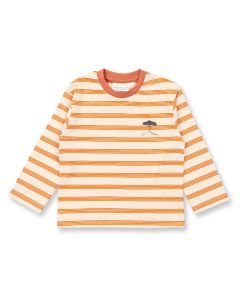 Children´s Shirt, Model HANS, Rusty orange-white stripes with tree, Front view