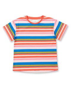 Girls T-Shirt, Model LINA, Coral-pink-blue-white stripes, Front view