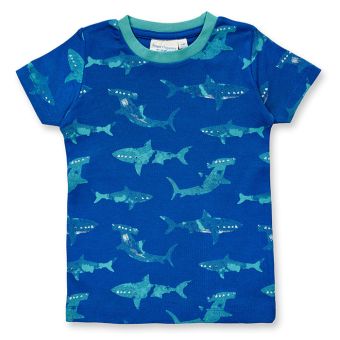 Children´s Pyjama, Model KAFKA, Cool shark print on dark blue colored background, Complete