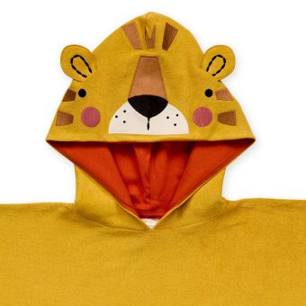 Childrens bath poncho, Model ALVI, Mustard yellow with tiger, Front part 