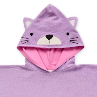 Kinder Badeponcho, Modell ALVI, Violett mit Katze, Vorderansicht