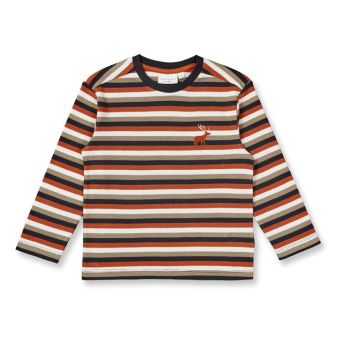 Kinder Langarmshirt / Modell LUKE / Olivgrün-schwarz-braun-weiß geringelt / Vorderansicht