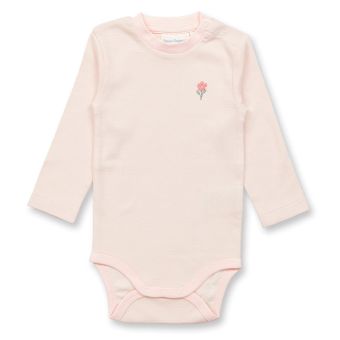 Baby Langarmbody, Modell VARIN, Hellrosa-weiß geringelt mit Blume, Vorderansicht