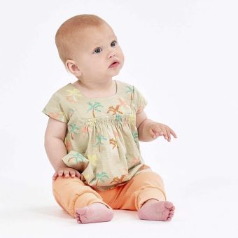 Baby tunic, Model IRMA, Palms print on light reed green, Front part