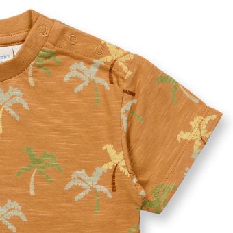 Baby T-shirt, Model EKI, Palms print on caramel brown, Front part