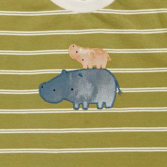Baby T-shirt, Model ANTON, Olive-green-white stripes with hippo, Front part