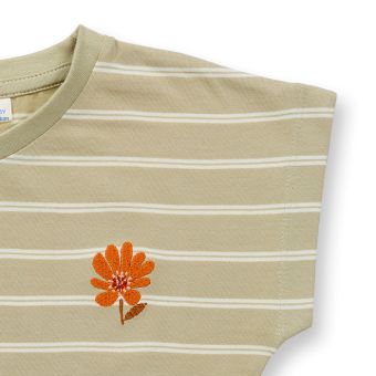 Girls T-shirt, Model DORA, Light reed green-white stripes with flower, Front part