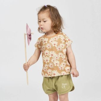 Girls T-shirt, Model DORA, Flower print on caramel brown, Front part