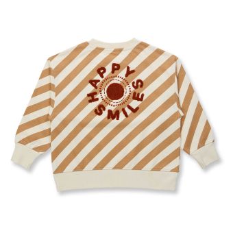 Mädchen Sweatshirt, Modell DARI, Karamellbraun-weiß gestreift mit Slogan, Vorderansicht