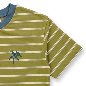 Children’s T-shirt, Model ANTON, Olive-green-white stripes with palms, Front part