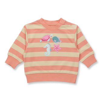 Baby sweatshirt, Model SIAM, Peach-orange-sand stripes with sea life, Front part