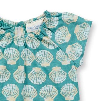 Baby playsuit, Model LUA, Seashell print on sea green, Front part