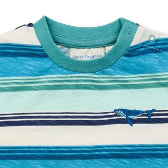 Baby T-shirt, Model EKI, Blue-ocean blue-sea green-white stripes with whale, Front part