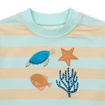 Baby sweatshirt, Model SIAM, Ice green-sand stripes with sea life, Front part