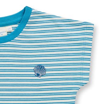 Girls T-shirt, Model DORA, Blue-white stripes with seashell, Front part