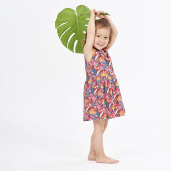 Girls dress, Model KOBI, Colourful tropical leaf print, Front part