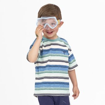 Children’s T-shirt, Model ANTON, Blue-ocean blue-sea green-white stripes with whale, Front part