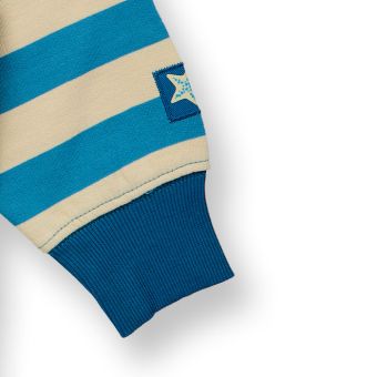 Mädchen Sweatshirt, Modell DARI, Ozeanblau-sandfarbene Ringel, Vorderansicht