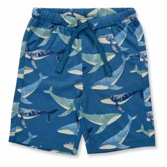 Children’s shorts, Model KHAN, Big whales print on ocean blue, Front part