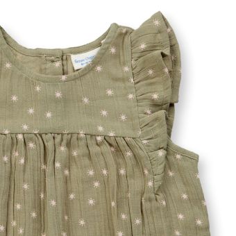 Girls dress, Model FRANJA, Sun print on light reed green, Front part