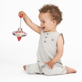 Baby romper, Model MARIS, Blue grey-white stripes with starfish, Front part