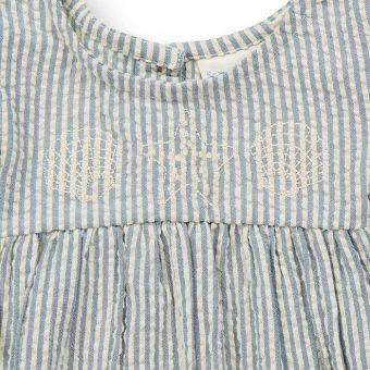 Girls dress, Model FRANJA, Blue grey-white stripes with starfish, Front part