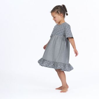 Girls dress, Model NURIA, Abstract wave print on blue-grey, Front part