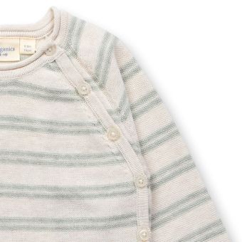 Baby Wickelstrickjacke, Modell P.PICASSO, Creme-helles salbeigrün geringelt, Vorderansicht