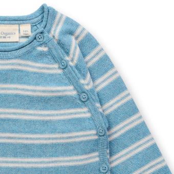 Baby Wickelstrickjacke, Modell P.PICASSO, Helles Aquamarin-Creme geringelt, Vorderansicht