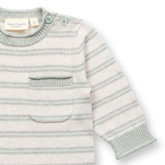 Baby Strickstrampler, Modell PLEUN, Creme-helles salbeigrün geringelt, Vorderansicht