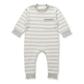 Baby Strickstrampler, Modell PLEUN, Creme-helles salbeigrün geringelt, Vorderansicht