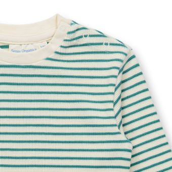 Baby Shirt, Modell TIAM, Meeresgrün-weiß geringelt mit Wal, Vorderansicht
